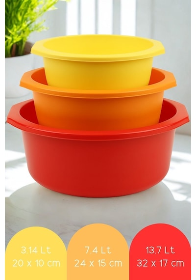 Esti 3 Boy Kalın Dayanıklı Plastik Badya Seti Çok Amaçlı Salata / Yıkama / Saklama / Hazırlık Kabı Sarı-turuncu-kırmızı