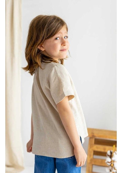 Oliven The Kid Oliventhekid Bej Keten Yarım Patlı Düğmeli Bisiklet Yaka Kısa Kol Erkek Çocuk Gömlek Bej Bej