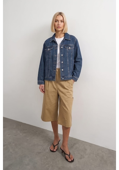 Kadın Mavi Pamuk Gömlek Yaka Oversize Jean Ceket