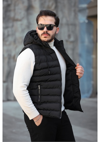 Mero Life Erkek Siyah Standart Fit Çıkarılır Kapüşonlu Cepli Fermuarlı Şişme Yelek