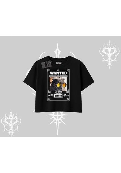 Tarzsokak Wanted Temalı Kedi Baskılı Oversize Crop Tshirt Siyah