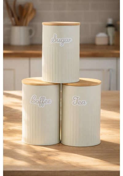 Bambu Kapaklı Metal Çay Kahve Şeker Kavanoz Seti Krem