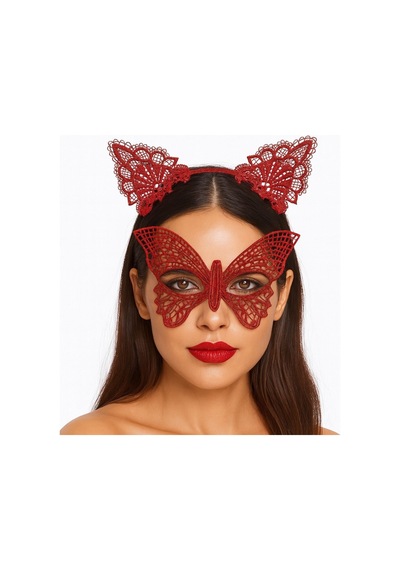 Gösterişli Kırmızı Dantel Maske Ve Taç Seti 7 No Masquerade Ve Davetler İçin - Glob-718668 Renkli