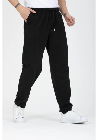 Baw Company Unisex Ince Yazlık Beli Lastikli Kordonlu Keten %100 Pamuklu Kumaş Pantolon Pijama Siyah