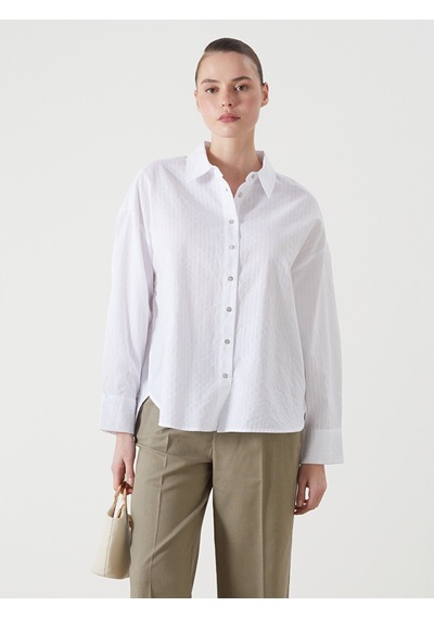 Lcw Vision Ekru Çizgili Oversize Kadın Gömlek