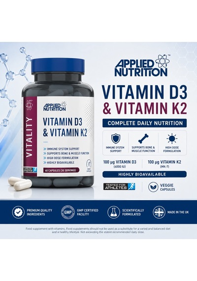 Applied Nutrition Vitamin D3 K2 4000 Iu High Dose Formula Best Immune 60 Caps