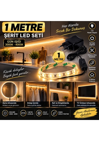 Mutfak Dolap Ayna Aydınlatma 1 Metre Gün Işığı Aç Kapat Düğmeli Şerit Led Seti 12v Adaptörlü Aç Kapa Düğmeli Kendinden