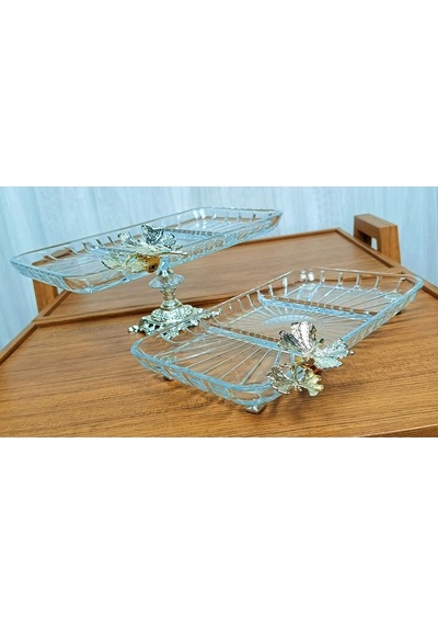 Elta Collection 2 Li Paşabahçe Kristal Metal Ayaklı Gümüş Dikdörtgen Bölmeli Pasta Sunumluk Kurabiyelik Gümüş Kare Bölmeli