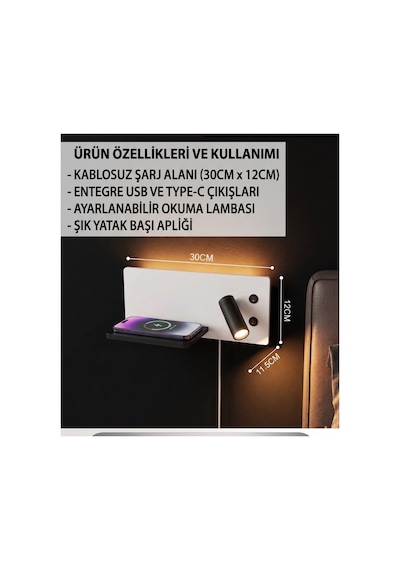 Çok Fonksiyonlu Yatak Başı Led Aplik Ve Duvar Lambası: Kablosuz Şarjlı, Ayarlanabilir Okuma Lambası, Usb Ve Type-c , Modern Beyaz Çok Fonksiyonlu Yatak Başı Led Aplik Ve Duvar Lambası: Kablosuz Şarjlı, Ayarlanabilir Okuma Lambası, Usb Ve Type-c , Modern Beyaz