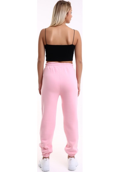 Winmoda34 Kadın Üç İplik İçi Şardonlu Polarlı Eşofman Altı Jogger Rahat Kalıp Pembe