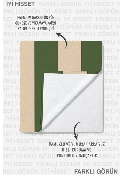 Çizgili Yeşil Bej Modern Plaj Havlusu - Minimalist Akdeniz Stil Hızlı Kuruyan Mikrofiber Havlu Donuk Yosun