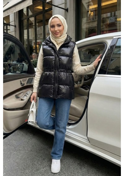 Hb Harma Time Butik Kadın Fermuarlı Cepli Parlak Şişme Siyah Yelek Siyah Siyah