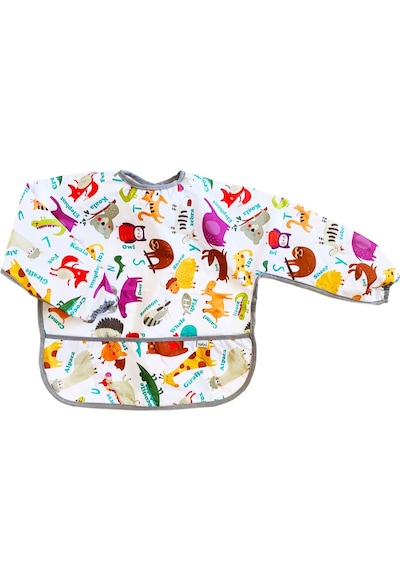 Yorni 3-5 Yaş Zoo Bağcıklı Sıvı Geçirmez Makinede Yıkanabilir Uzun Kollu Boyundan Bağlamalı Bebek Mama Önlüğü Beyaz