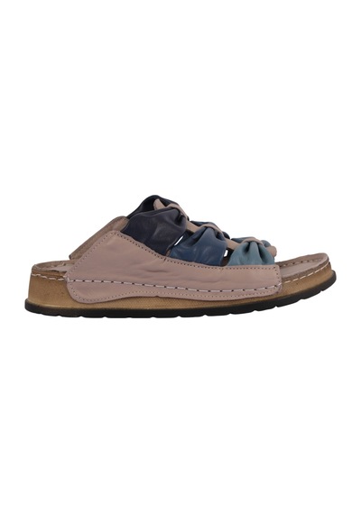 Napa Shoes Hakiki Deri Büzgülü Çok Bantlı Rahat Taban Kadın Terlik Napa-307 Vizon