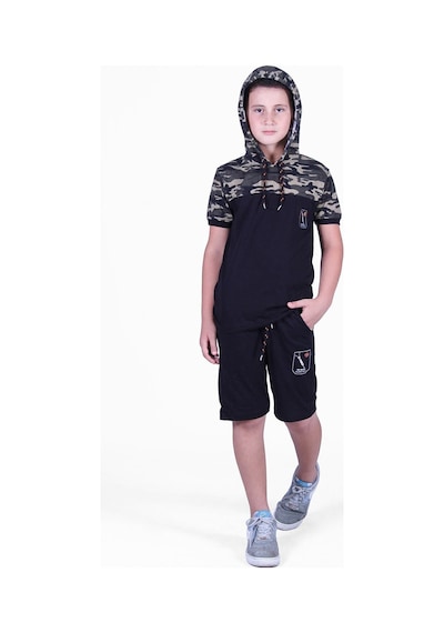Fyk Kids Kamuflaj Desenli Kaprili Sweatshirtlü Erkek Çocuk Alt Üst Takım Haki Yeşil