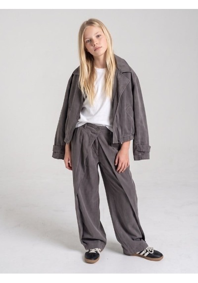 Zekids Kız Çocuk Pile Detaylı Bol Paça Pantolon-17474 Füme