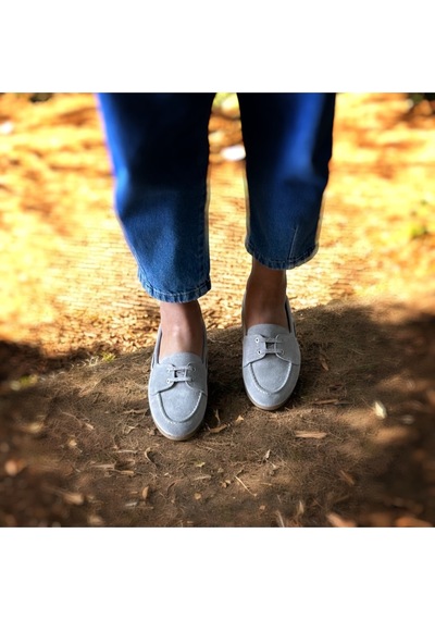 Ne&ve Shoes Gri Süet Hakiki Deri Kadın Bağcıklı Loafer Ayakkabı