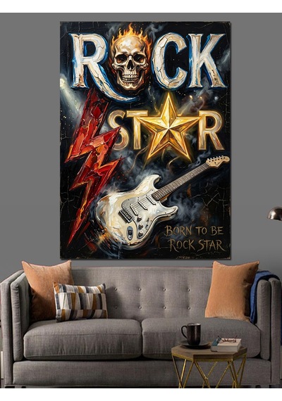 Rock Star Yazılı İskelet Ve Gitar Dekoratif Kanvas - Mdf Ahşap Tablo