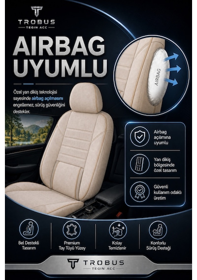 Nova Serisi Tay Tüyü Bel Destekli Bej Premium Üniversal Koltuk Kılıfı Tam Set