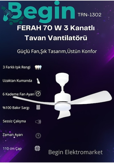 Ferah 70 W 3 Kanatlı Led Işıklı Tavan Vantilatör Uzaktan Kumandalı Beyaz