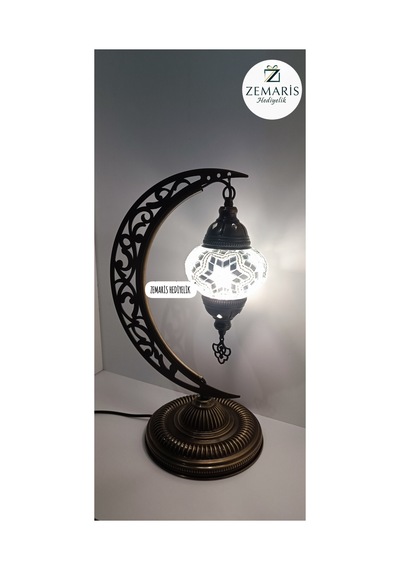 El Yapımı Otantik Mozaik Hilal Masa Lambası Abajur Beyaz - 719078231 Beyaz