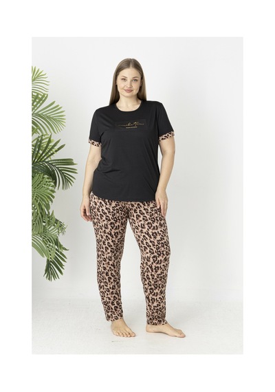 Estiva Kadın Kaplan Alt Desenli Kısa Kollu Soft Battal Pijama Takımı Çok renkli