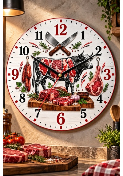 Kasap Temalı Duvar Saati 45 Cm Et Kasap Dükkanı Steakhouse Restoran Uv Baskı Sessiz Akar Mekanizma 952 Çok Renkli