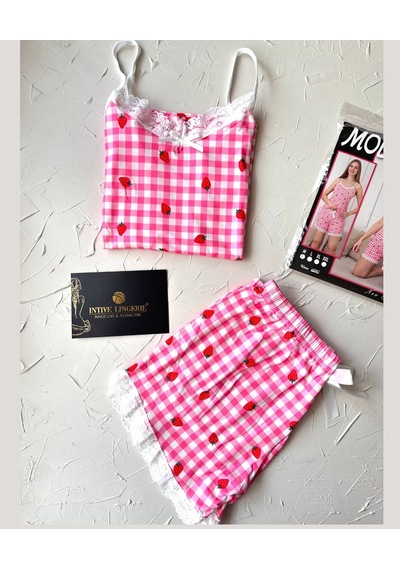 Intive Dantel Detaylı Yumuşacık Pembe Çilek Desenli Askılı Bluz Ş Pembe