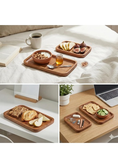 2'li Doğal Akasya Ahşap Dikdörtgen Servis Tabağı Ve Çerezlik Seti 12x9 Cm Ve 20x11 Cm Kahve Yanı Sunumluk, Sushi Ve Meze Tepsisi İkili Takım Diğer