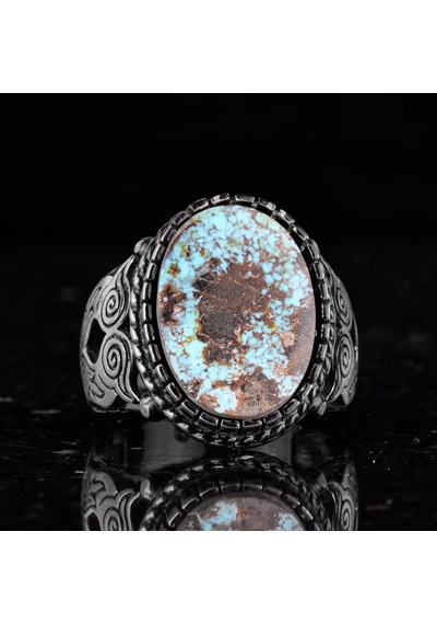 Gerçek Doğal Arizona Turkuaz Baykuş Figürlü Taş Yüzük, Sterlin Gümüş Erkek Yüzüğü - Artisan Tasarımı Stil-2 Gümüş