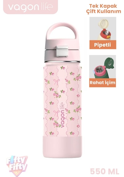 550 Ml Desenli Tek Kapak Çift Kullanım Pipetli Rahat İçim Kulplu Paslanmaz Çelik Termos 1109-550ml Pembe