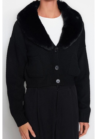 Frm Kadın Moda Şık Crop V Yaka Regular Crop Kürk Detaylı Triko Hırka Siyah