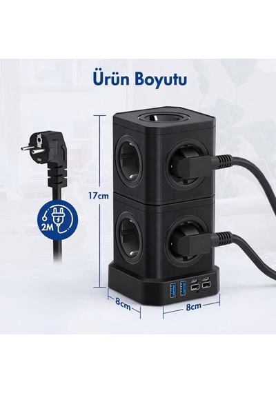 Kule Tipi Çoklu Priz 3680w 9 Lu Topraklı Priz + 2 Usb + 2 Type-c Masaüstü Dikey Akım Korumalı Priz 2 m