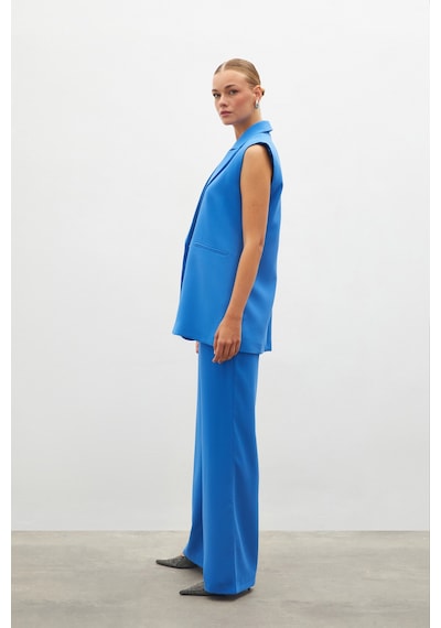 Sateen Pileli Krep Pantolon - Mavi