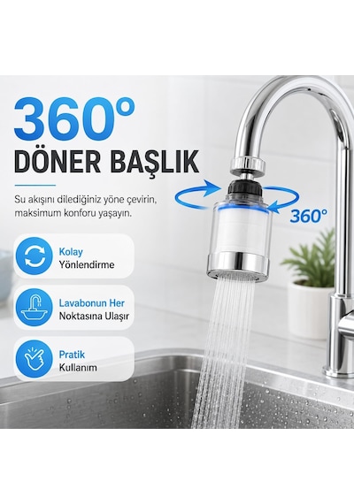 Sogud Filtreli Musluk Başlığı Seti Beyaz - 360 Döner Su Tasarruflu Perlatör Aparatı - Arıtmalı Kireç Önleyici Mutfak Banyo Lavabo Ucu - Krom Kaplama Yüksek Basınçlı Model - 3 Yedek Filtreli