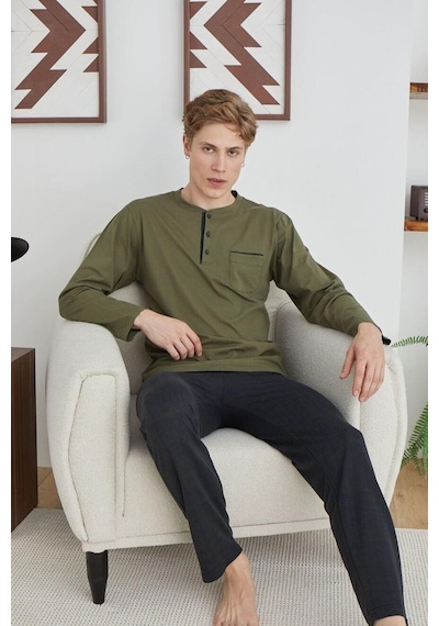 Kly 9229 Erkek Midi Yaka Uzun Kollu Pijama Takım 001