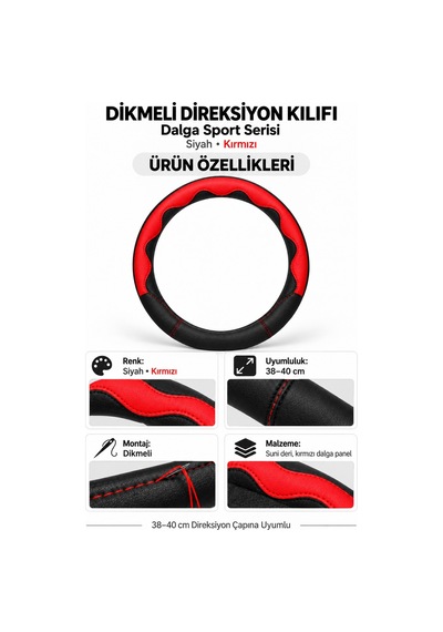 Trobus Dacia Sandero 2008-2012 Uyumlu Dikmeli Direksiyon Kılıfı Dalga Sport Deri Siyah Kırmızı Siyah - Kırmızı