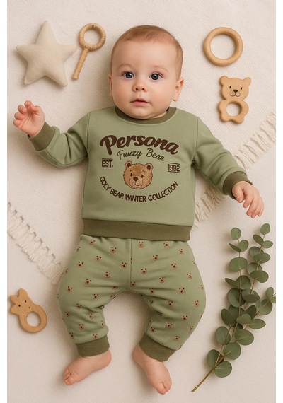 Veraura Lifestyle Persona Bear Nakışlı % 100 Pamuk 2'li Erkek Bebek Takım Yeşil