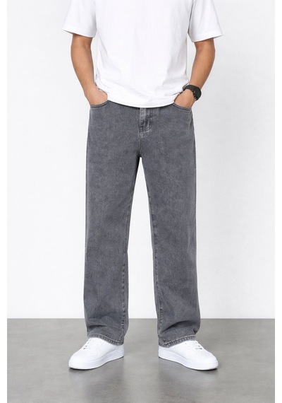 Erkek Gri Yıkamalı Baggy Jean Pantolon Rahat Kesim Günlük Şık Oversize Denim Grifüme