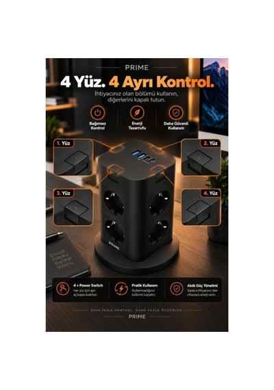 8 Li Çoklu Priz Usb-a + Type-c Şarj Girişli Güç Ve Şarj İstasyonu 0 - 2 M