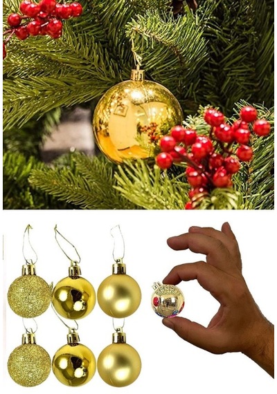 12 Adet Gold 2,5 Cm Mini Yılbaşı Topu, Noel Çam Ağacı Topu, Süs Topu