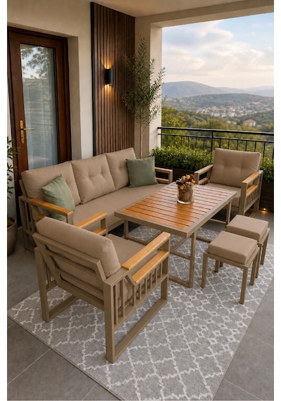 Esinti Serisi Balkon Takımı, 3-1-1 Cappuccino Bahçe Takımı, 3'lü Koltuk 70x180, 2 Tekli Koltuk 70x70, Masa 70x110, 2 Puf Cappuccino Esinti Serisi Balkon Takımı, 3-1-1 Cappuccino Bahçe Takımı, 3'lü Koltuk 70x180, 2 Tekli Koltuk 70x70, Masa 70x110, 2 Puf Cappuccino