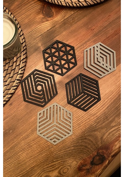 Kazanova Design Geometrik Altıgen Bardak Altlığı Seti Siyah Ve Gri Dekoratif