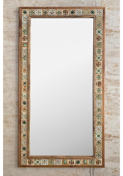 Oscar Stone Decor Ahşap Çerçeveli Mozaik Taş Mermer Ayna 63x123 Cm Seramik Desenli Kahverengi Genel