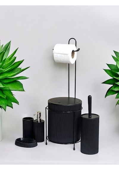 Metalshop 6 Parça Banyo Seti Metal Stantlı Çöp Kovalı Wc Kağıtlık Ve Tuvalet Fırçası Katı - Sıvı Sabunlu Siyah