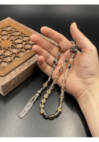 Onurlu Tesbihane Sıkma Kehribar Tesbih 7x11 Mm Bal Duman Geçişli Erkek Tesbihi Gümüş
