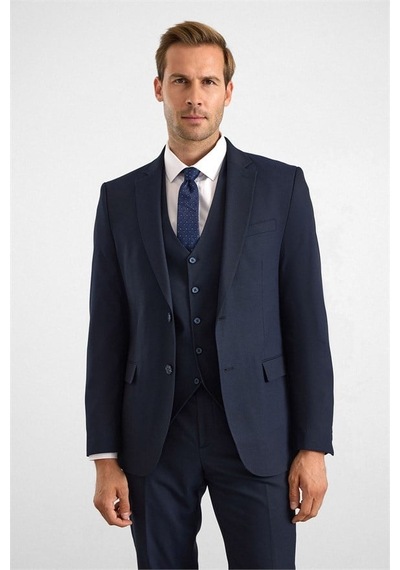 Süvari Lacivert Slim Sivri Yaka 6 Drop Yelekli Takım Elbise Stk1001100003-m09