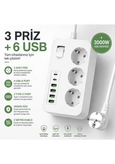 Akım Korumalı 3 Lü Priz 2 Usb-c + 4 Usb-a Hızlı Şarj, 2m Kablo, Çocuk Korumalı Çoklu Priz 0 - 2 M