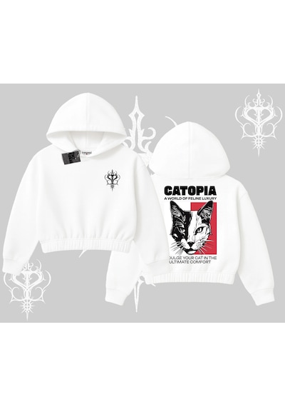 Modern Kedi Temalı Arka Baskılı Kapşonlu Crop Sweatshirt Beyaz