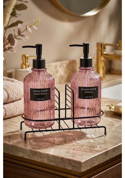 Makri Home Modern Çizgili Yuvarlak Cam Ikili Sıvı Sabunluk & Deterjanlık Seti, Pembe- 500 Ml Cam Sabunluk